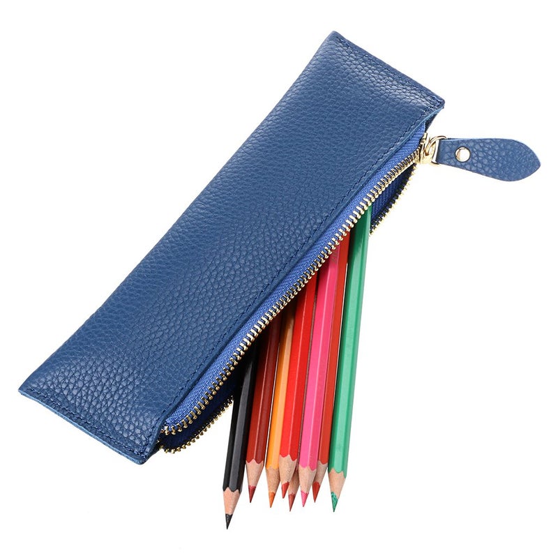 BTSKY Genuine Leather Pencil Case - Zippered Pen Case Stationery Bag Zipper Pouch Pencil Holder(Blue) - Image 3